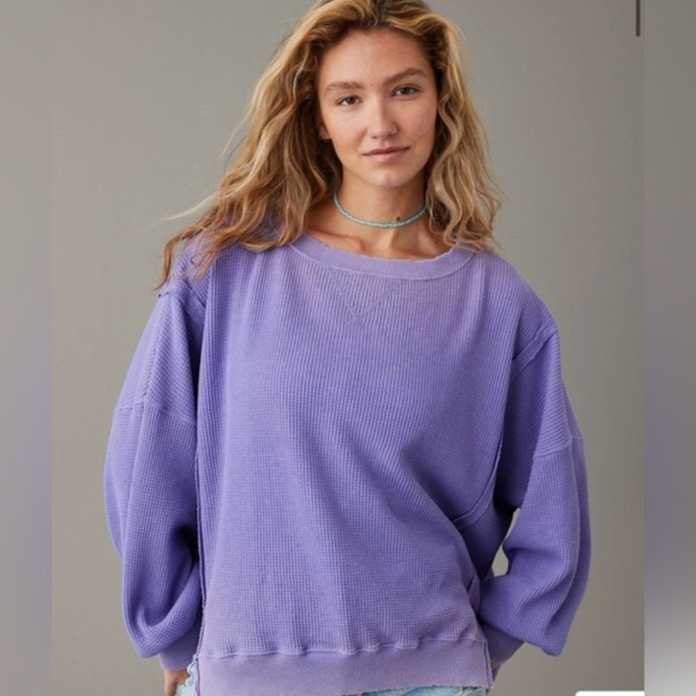 American eagle purple waffle knit distressed pullover